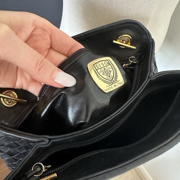 SISO ITALY VINTAGE LEATHER Woven Handbag Black Bottega Style Gold Accents - Picture 7 of 9
